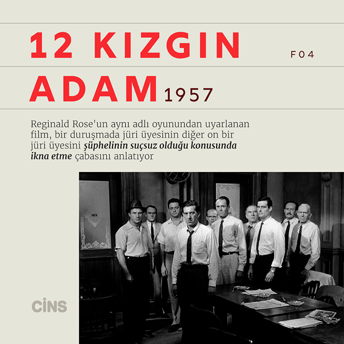 12 Kızgın Adam, 1957
Reginald Rose'un aynı adlı oyunundan uyarlanan film, bir duruşmada jüri üyesinin diğer on bir jüri üyesini şüphelinin suçsuz olduğu konusunda ikna etme çabasını anlatıyor