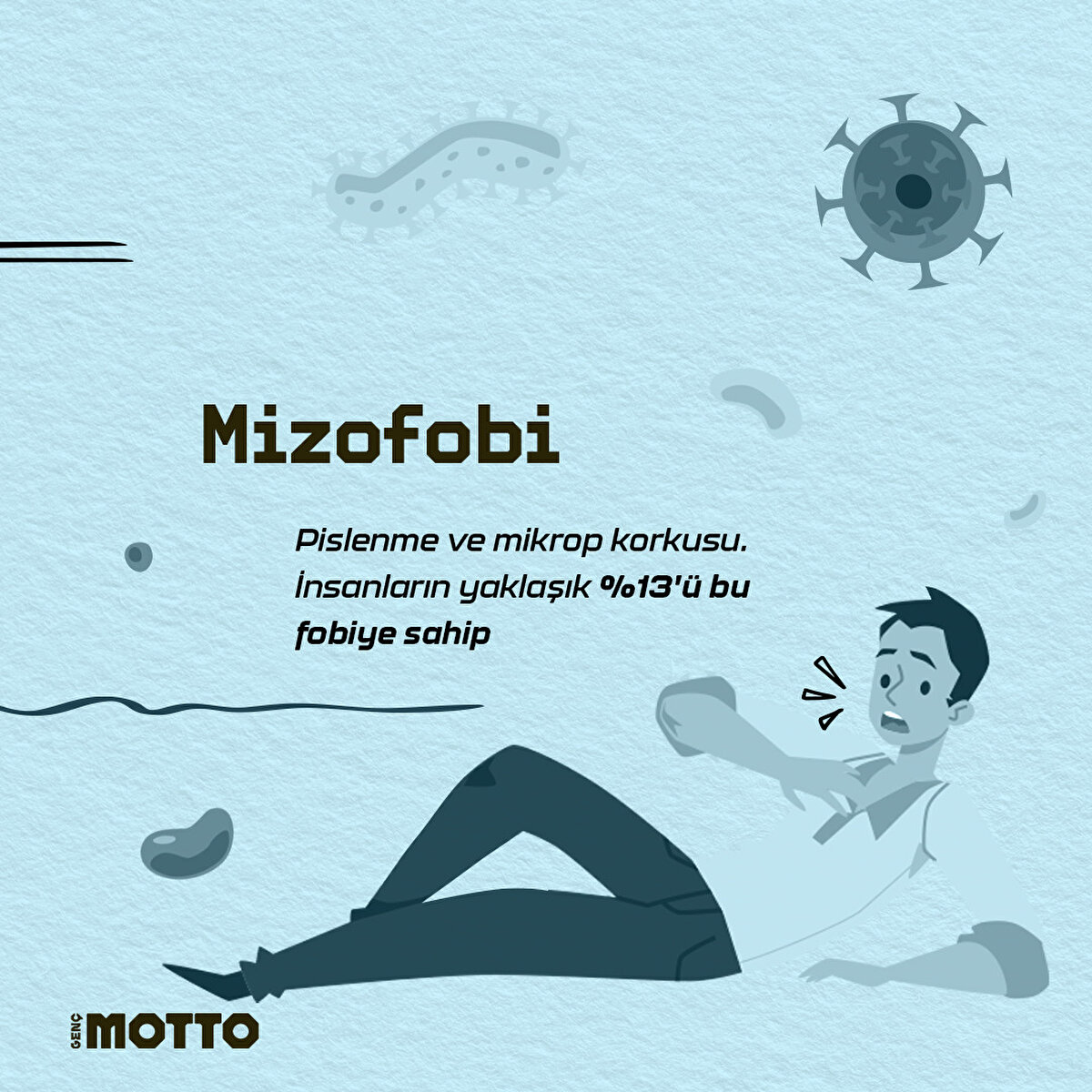 Mizofobi
Pislenme ve mikrop korkusu. İnsanların yaklaşık %13'ü bu fobiye sahip