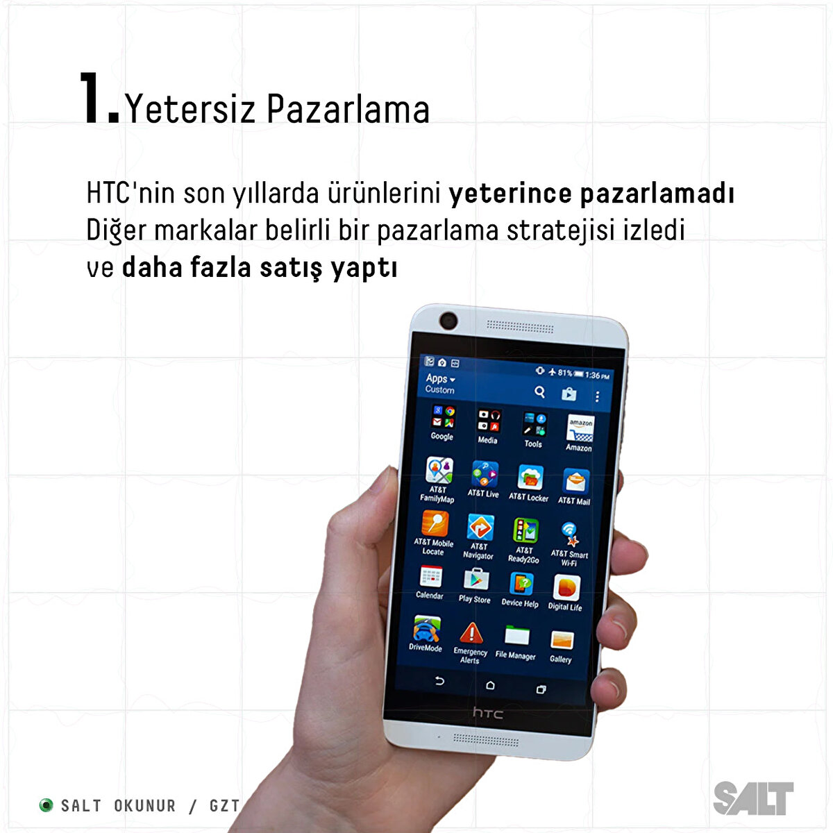HTC'nin son yıllarda ürünlerini yeterinde pazarlamadı. 
Diğer markalar belirli bir pazarlama stratejisi izledi ve daha fazla satış yaptı.