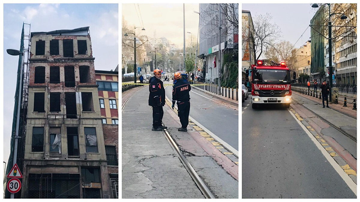 Karaköy Kemeraltı Caddesi üzerinde bulunan tadilat aşamasındaki 5 katlı metruk binada yaşanan kısmi çökme nedeniyle yola beton parçaları düştü. 
