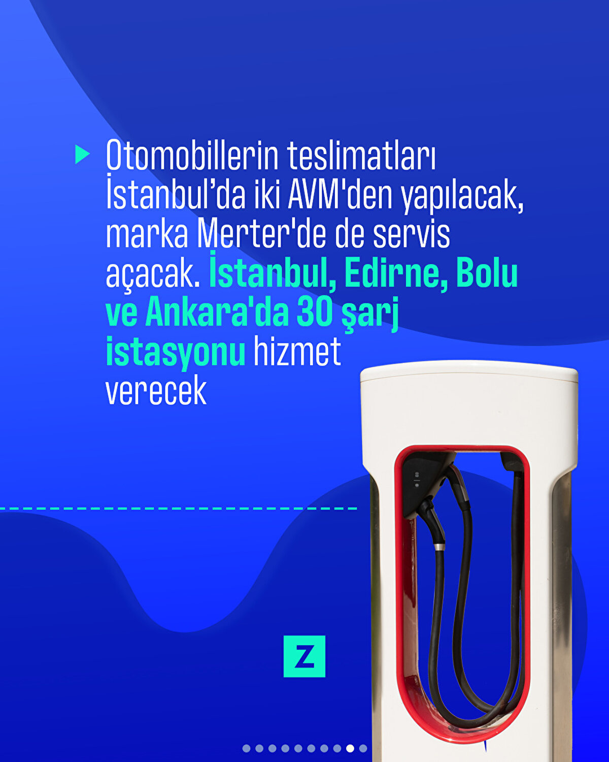 Otomobillerin teslimatları İstanbul’da iki AVM'den yapılacak, marka Merter'de de servis açacak. İstanbul, Edirne, Bolu ve Ankara'da 30 şarj istasyonu hizmet verecek