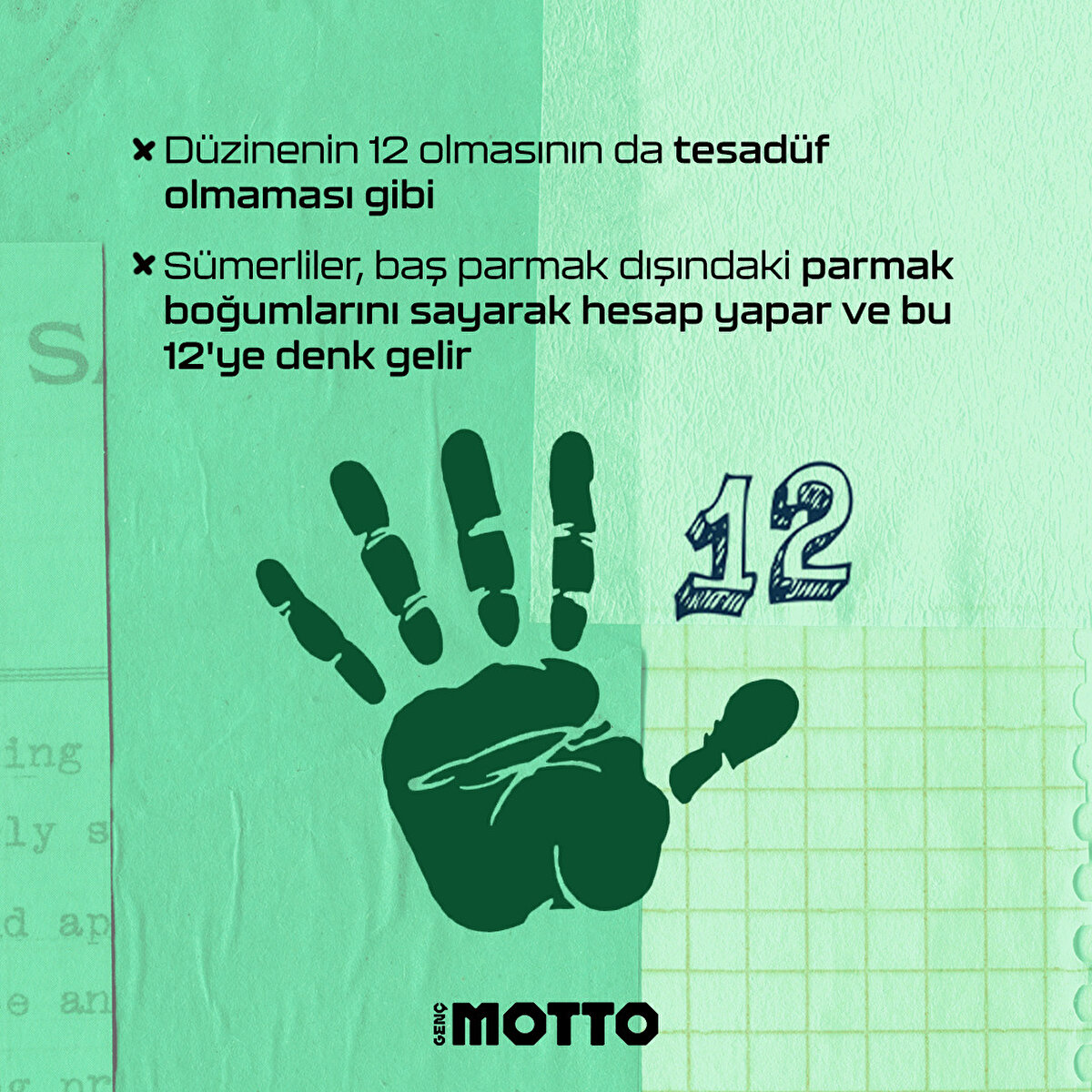 Düzinenin 12 olmasının da tesadüf olmaması gibi 

Sümerliler, baş parmak dışındaki parmak boğumlarını sayarak hesap yapar ve bu 12'ye denk gelir