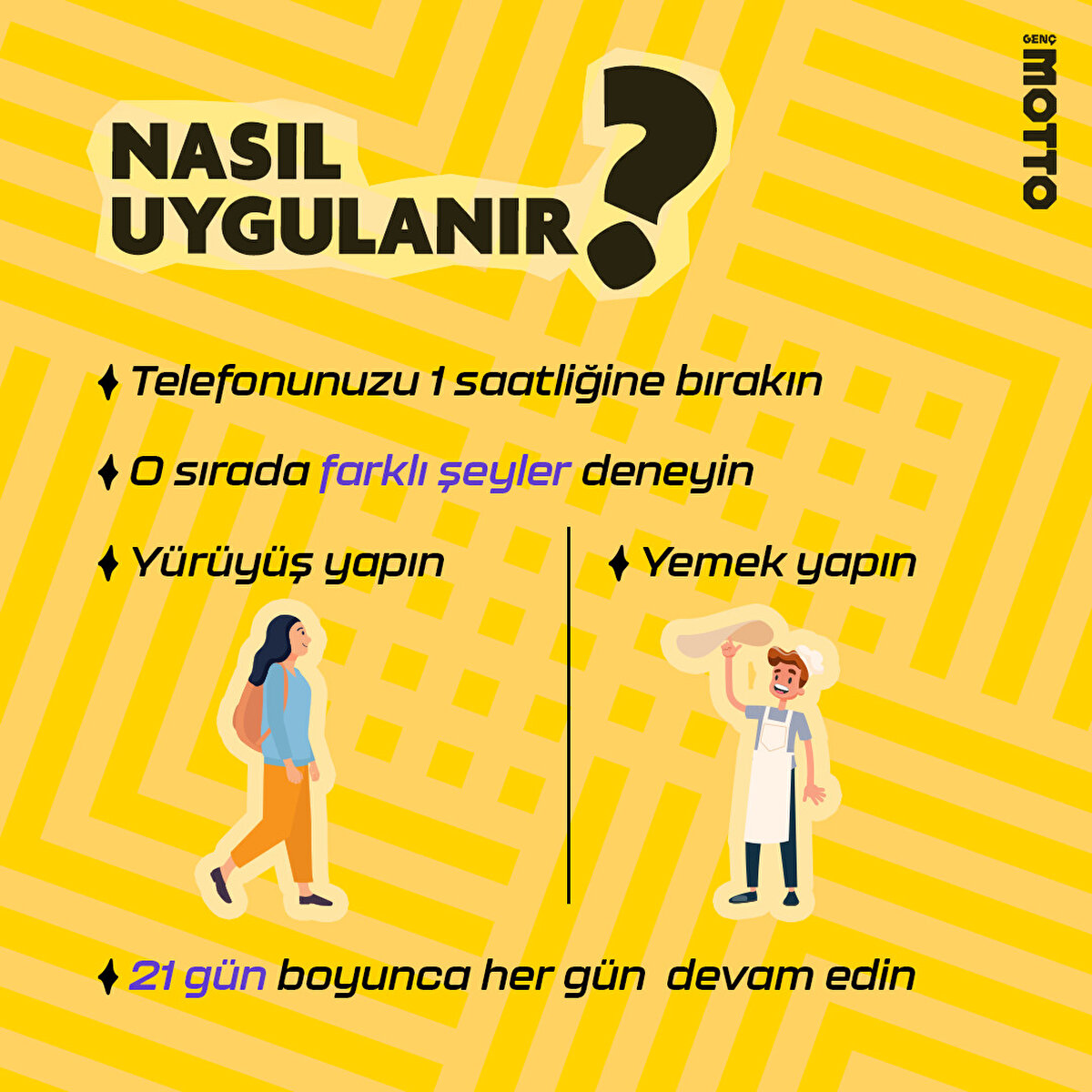 NASIL UYGULANIR?- Telefonunuzu 1 saatliğine bırakın- O sırada farklı şeyler deneyin- Y&#252;r&#252;y&#252;ş yapın- Yemek yapın- 21 g&#252;n boyunca her g&#252;n devam edin 