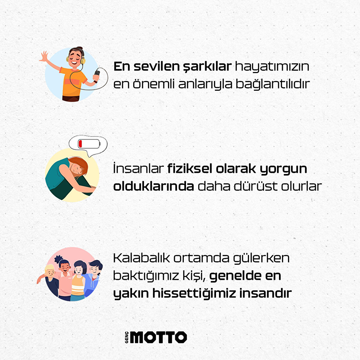 - En sevilen şarkılar, hayatımızın en önemli anlarıyla bağlantılıdır


- İnsanlar fiziksel olarak yorgun olduklarında daha dürüst olurlar


- Kalabalık ortamda gülerken baktığımız kişi, genelde en yakın hissettiğimiz insandır