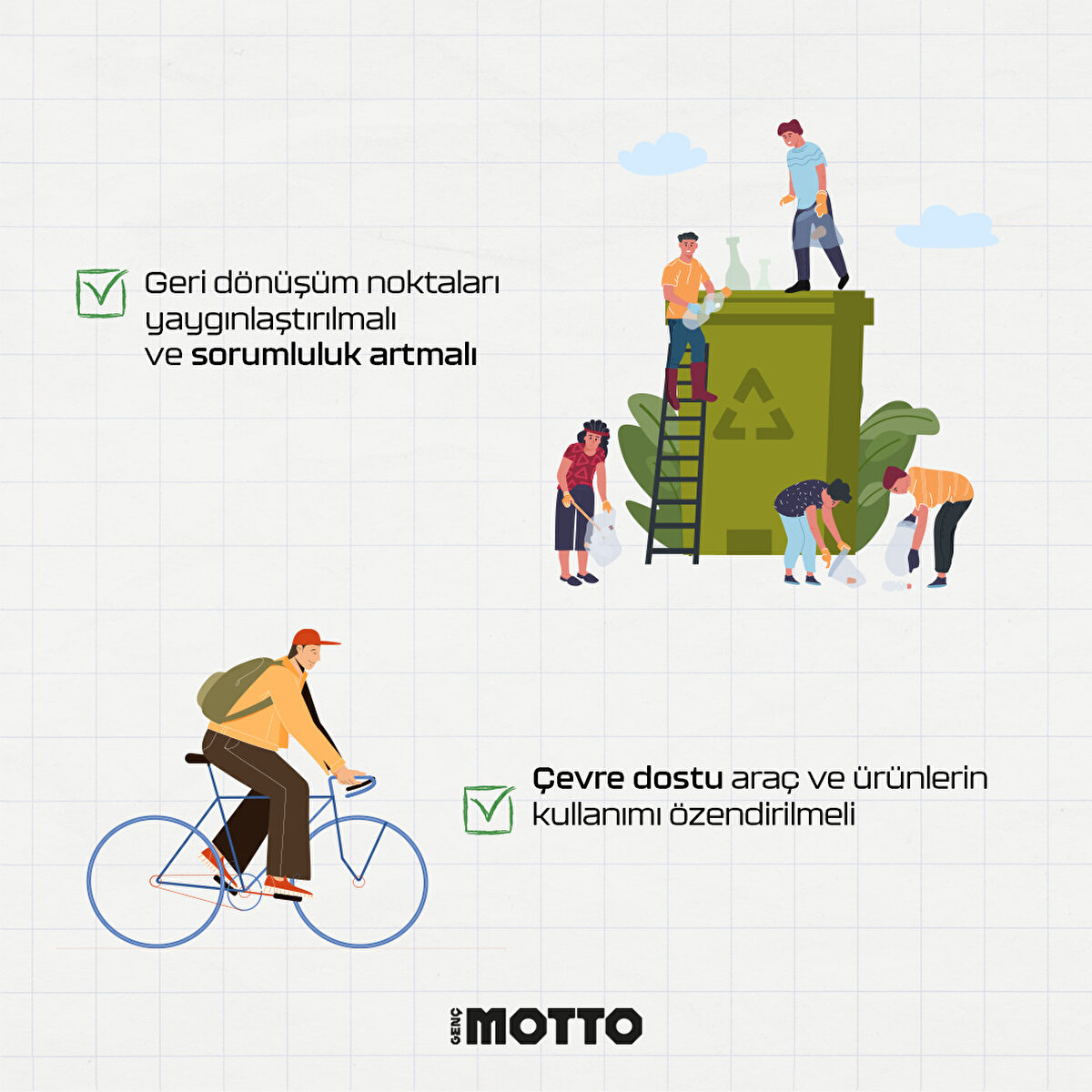- Geri dönüşüm noktaları yaygınlaştırılmalı ve sorumluluk artmalı 

- Çevre dostu araç ve ürünlerin kullanımı özendirilmeli