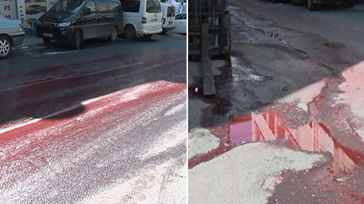 Bayrampaşa 29 Ekim Caddesi'ni kırmızı renkli bir sıvı kapladı.