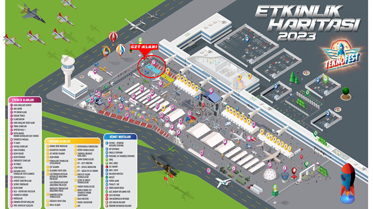 GZT'li TEKNOFEST bambaşka<br><br>Bambaşka deneyimler için TEKNOFEST standına uğramayı unutmayın. Alandaki yerimiz Etkinlik alanlarında 3 numaralı FPV Drone alanı. Haritada yerimizi işaretledik bizi kolayca bulabilirsiniz.