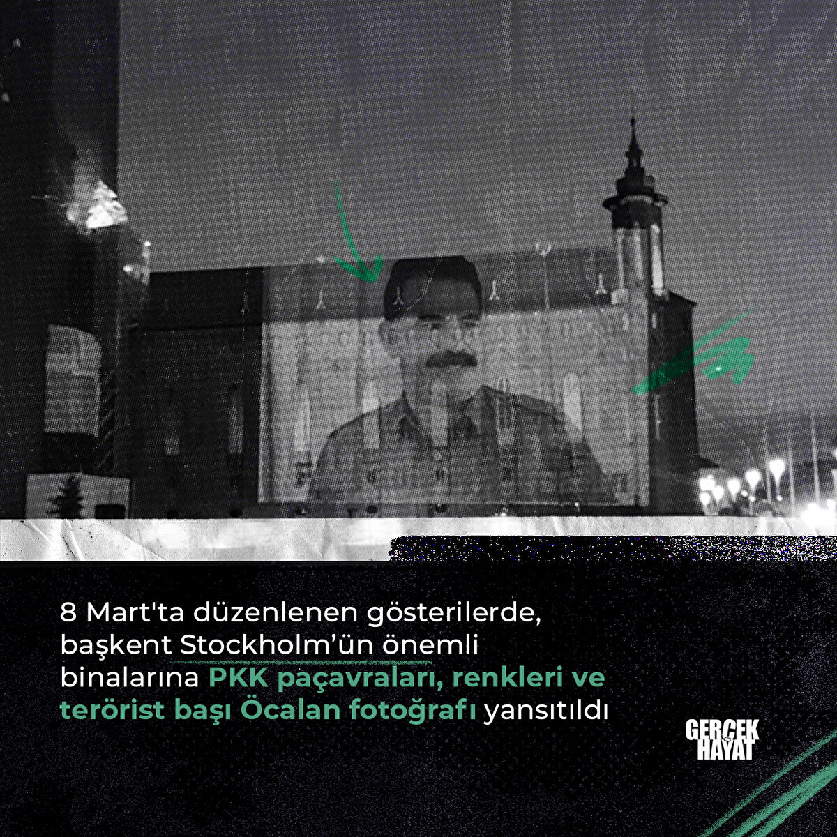 Stockholm’ün önemli binalarına PKK paçavraları, renkleri ve terörist başı Öcalan fotoğrafı yansıtıldı