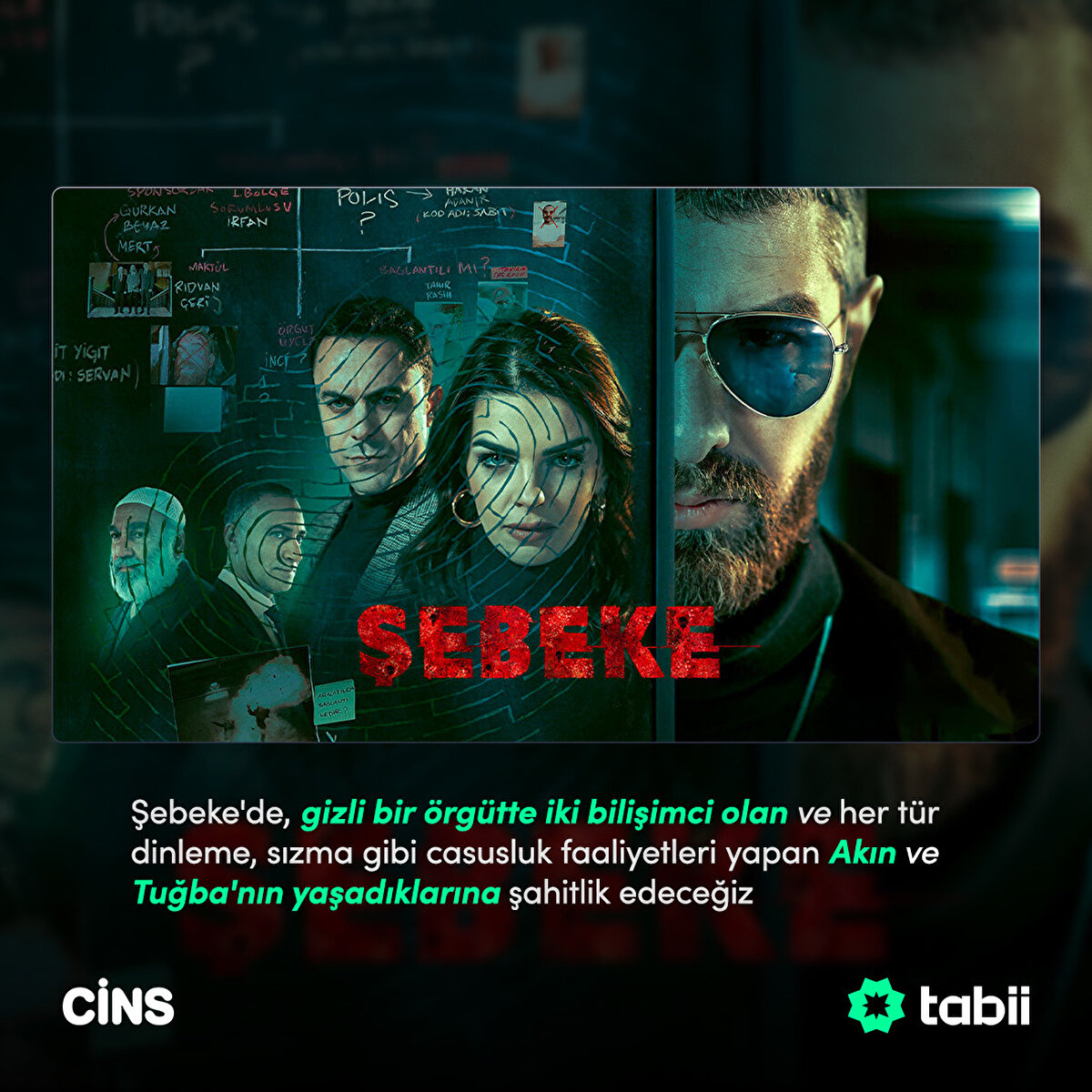 Şebeke'de, Gizli bir örgütte iki bilişimci olan ve her tür dinleme, sızma gibi casusluk faaliyetleri yapan Akın ve Tuğba'nın yaşadıklarına şahitlik edeceğiz