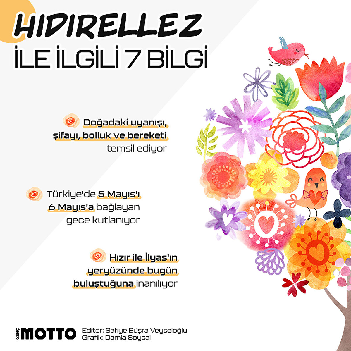 1. Doğadaki uyanışı, şifayı, bolluk ve bereketi temsil ediyor

2. Türkiye'de 5 Mayıs'ı 6 Mayıs'a bağlayan gece kutlanıyor

3. Hızır ile İlyas'ın yeryüzünde bugün buluştuğuna inanılıyor 
