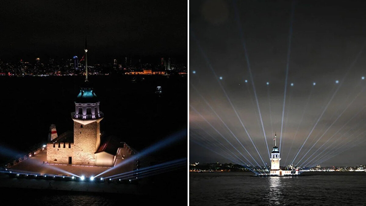 Üsküdar'da Kız Kulesi 2 yıl süren restorasyon sürecinin ardından düzenlenen ışık gösterileri ile yeniden açıldı.<br>
