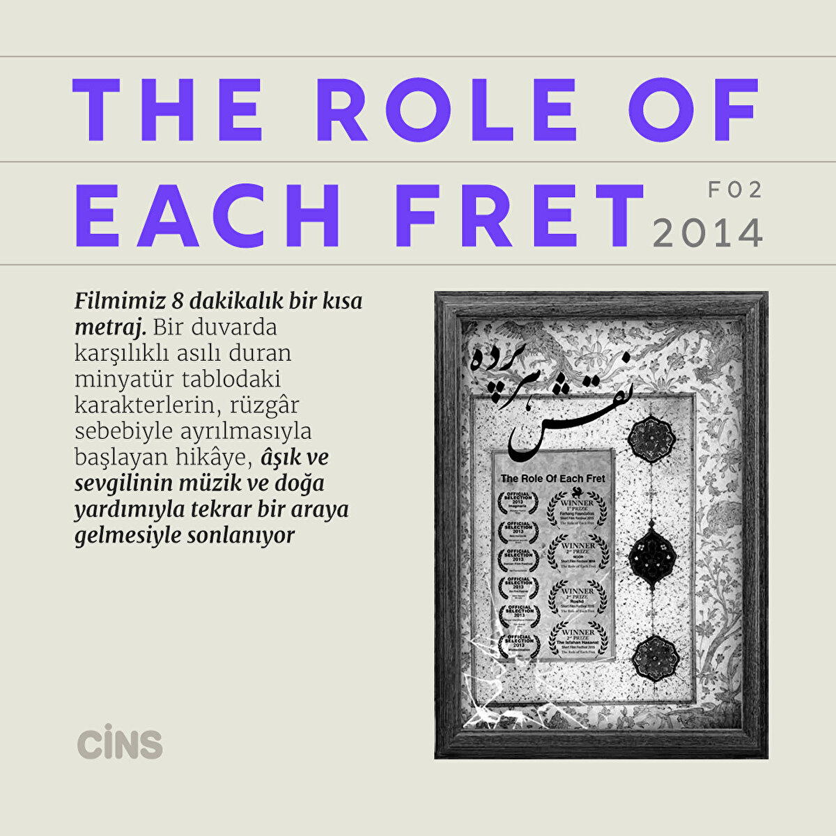The role of each fret 2014

Filmimiz 8 dakikalık bir kısa metraj. Bir duvarda karşılıklı asılı duran minyatür tablodaki karakterlerin, rüzgâr sebebiyle ayrılmasıyla başlayan hikâye, âşık ve sevgilinin müzik ve doğa yardımıyla tekrar bir araya gelmesiyle sonlanıyor 

