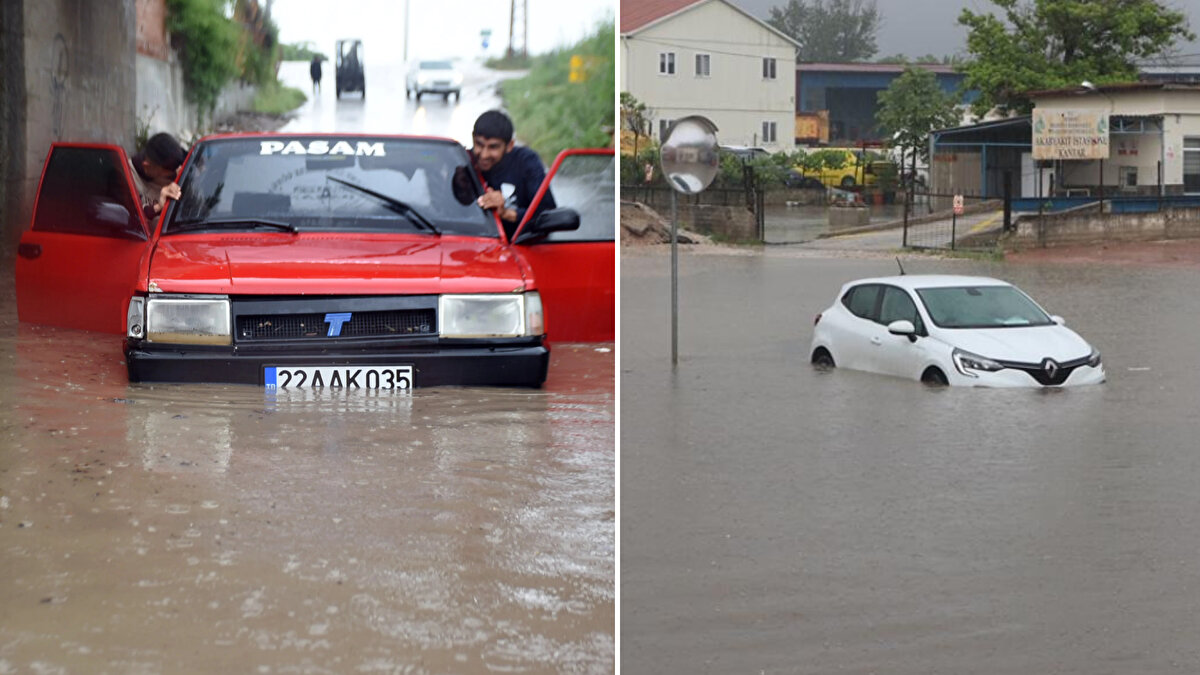 Edirne'de öğle saatlerinden sonra başlayan yağmur etkisini artırınca suyla kaplanan cadde ve sokaklarda bazı araçlar mahsur kaldı, evleri su bastı.