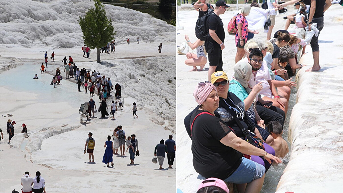 'Beyaz Cennet' olarak bilinen Pamukkale'ye Uluslararası Müzeler Günü kapsamında girişler bugün ücretsiz oldu. Çok sayıda vatandaş Pamukkale'ye akın etti. 