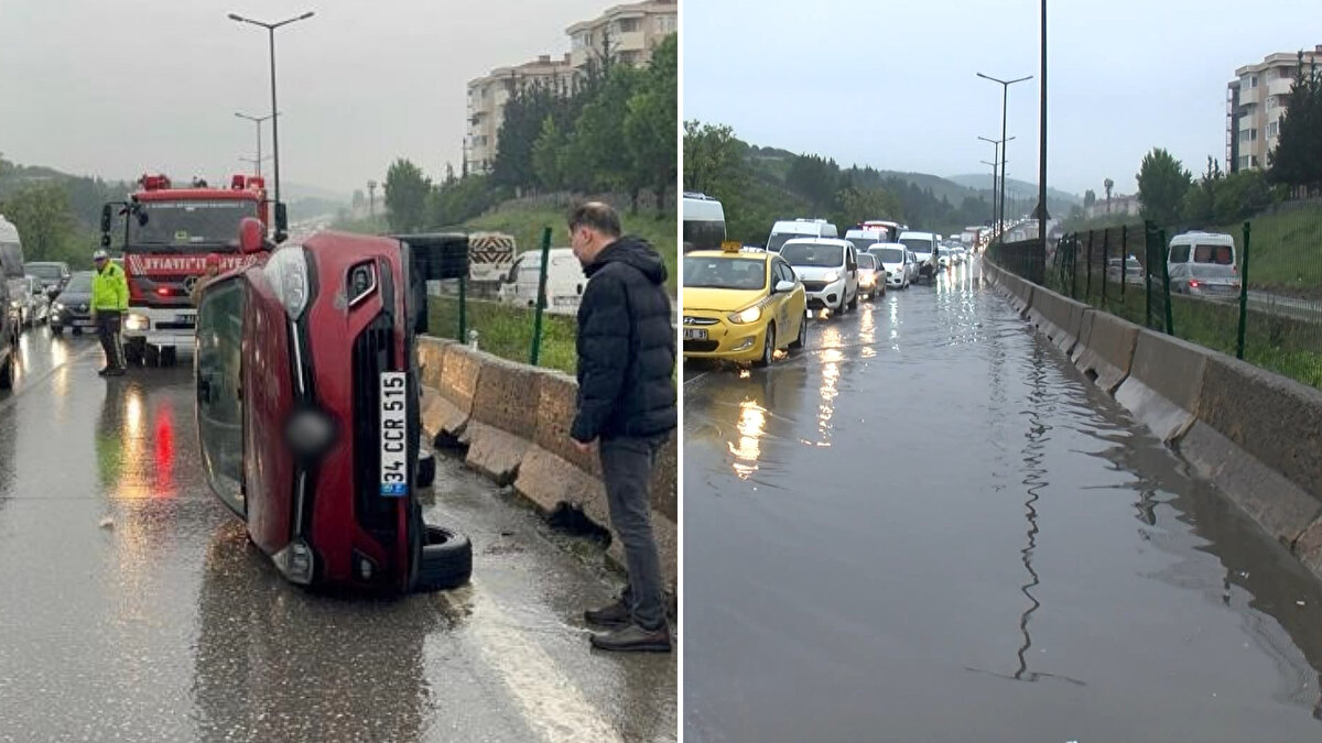 Kaza, saat 07.00 sıralarında TEM Bağlantı yolu Soğanlık mevkiinde meydana geldi.<br><br>34 CCR 515 plakalı otomobil sürücüsü Mustafa Ergen yolda oluşan su birikintisine sonucu direksiyon hakimiyetini kaybederek orta refüjdeki beton bariyere çarptı.