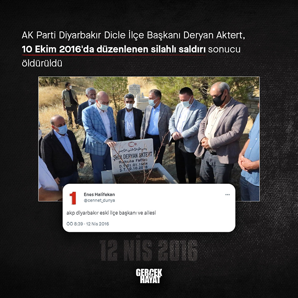 10 Ekim 2016'da düzenlenen silahlı saldırıda AK Parti Diyarbakır Dicle İlçe Başkanı Deryan Aktert öldürüldü