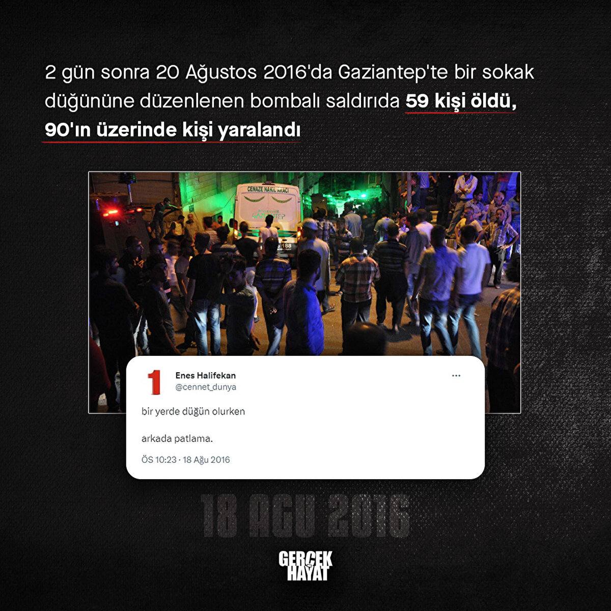 20 Ağustos 2016'da Gaziantep'te düzenlenen bombalı saldırıda 59 kişi öldü