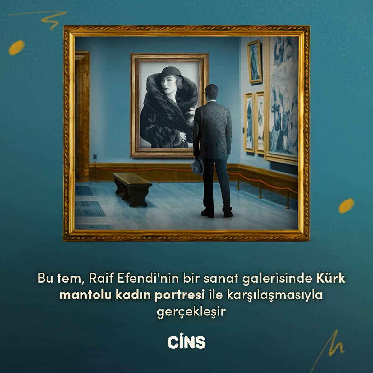 Bu tem, Raif Efendi'nin bir sanat galerisinde Kürk mantolu kadın portresi ile karşılaşmasıyla gerçekleşir