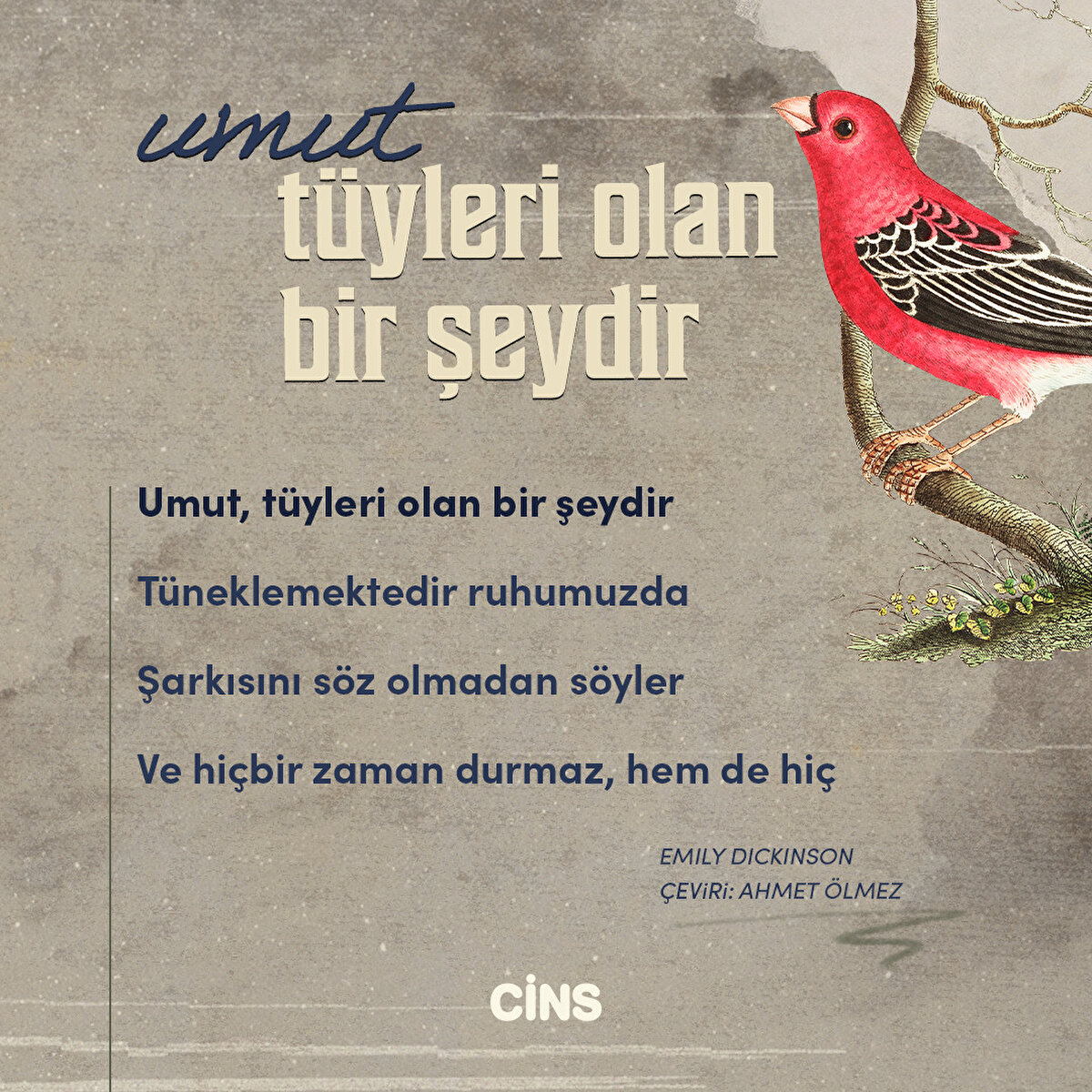 Umut, tüyleri olan bir şeydir
Tüneklemektedir ruhumuzda
Şarkısını söz olmadan söyler
Ve hiçbir zaman durmaz, hem de hiç