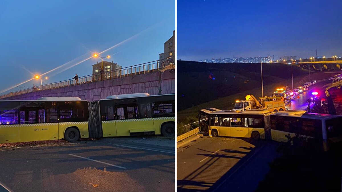 Başakşehir'de karşı şeride geçip bariyerlere çarparak bağlantı yoluna düşen İETT otobüsünün sürücüsü yaralandı.