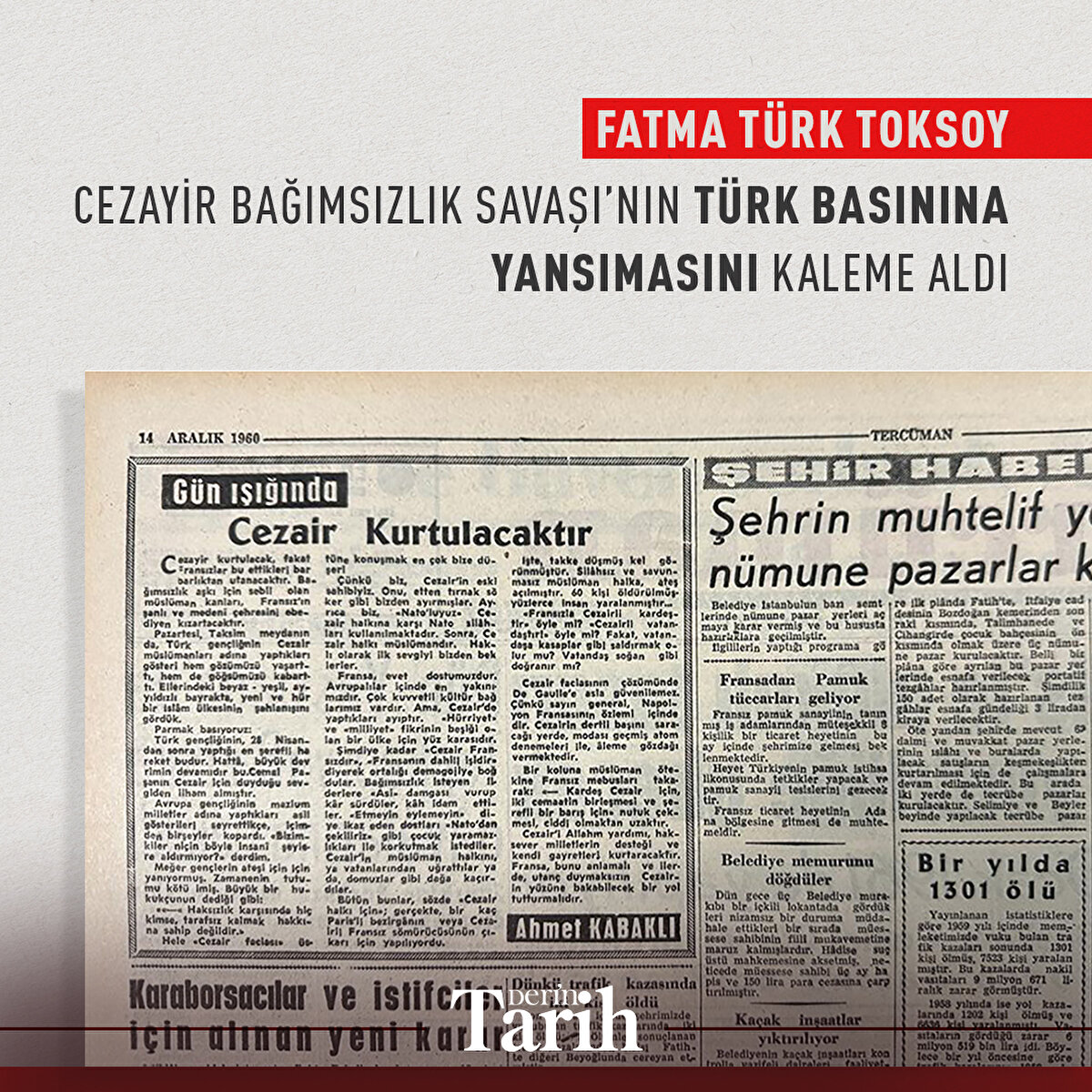 Fatma Türk Toksoy Cezayir Bağımsızlık Savaşı’nın Türk basınına yansımasını kaleme aldı
