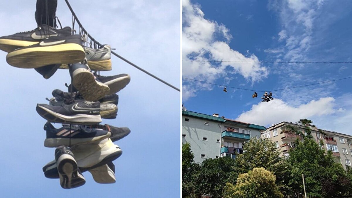 İstanbul'da Bağcılar Güneşli Mahallesi'nde elektrik tellerine asılı ayakkabılar ilginç görüntüler oluşturdu.