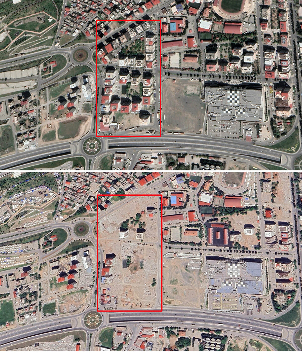 Yıkımın en çok olduğu Hatay'da hasar gören Habib-i Neccar Camisi ile tamamen yıkılan 600 Konutlar Sitesi, Rönesans Rezidans ve kentin genelindeki yıkım dikkati çekti. Fransız mimar Leon Benju tarafından 1927'de sinema salonu olarak inşa edilen tarihi meclis binası olarak kullanılan Hatay Eski Meclis Binası da yıkıldı. Asi Nehri'nin bitişiğindeki meclis binasının deprem öncesi ve sonrası uydu fotoğrafları da yıkımın boyutunu gözler önüne serdi. Sadece tarihi binalar değil, yaşam alanı olan toplu konutlar da büyük oranda yıkıldı ve enkaz kaldırma çalışmaları tamamlandı. Bu binalardan olan, 2011'de 'Cennetten bir köşe' diye pazarlanan 12 katlı 249 daireden oluşan Rönesans Rezidans, 750 kişiye mezar oldu. Rezidansın da depremden sonraki enkaz hali ve enkazın kaldırılmış hali uydudan görüntülendi.<br><br>