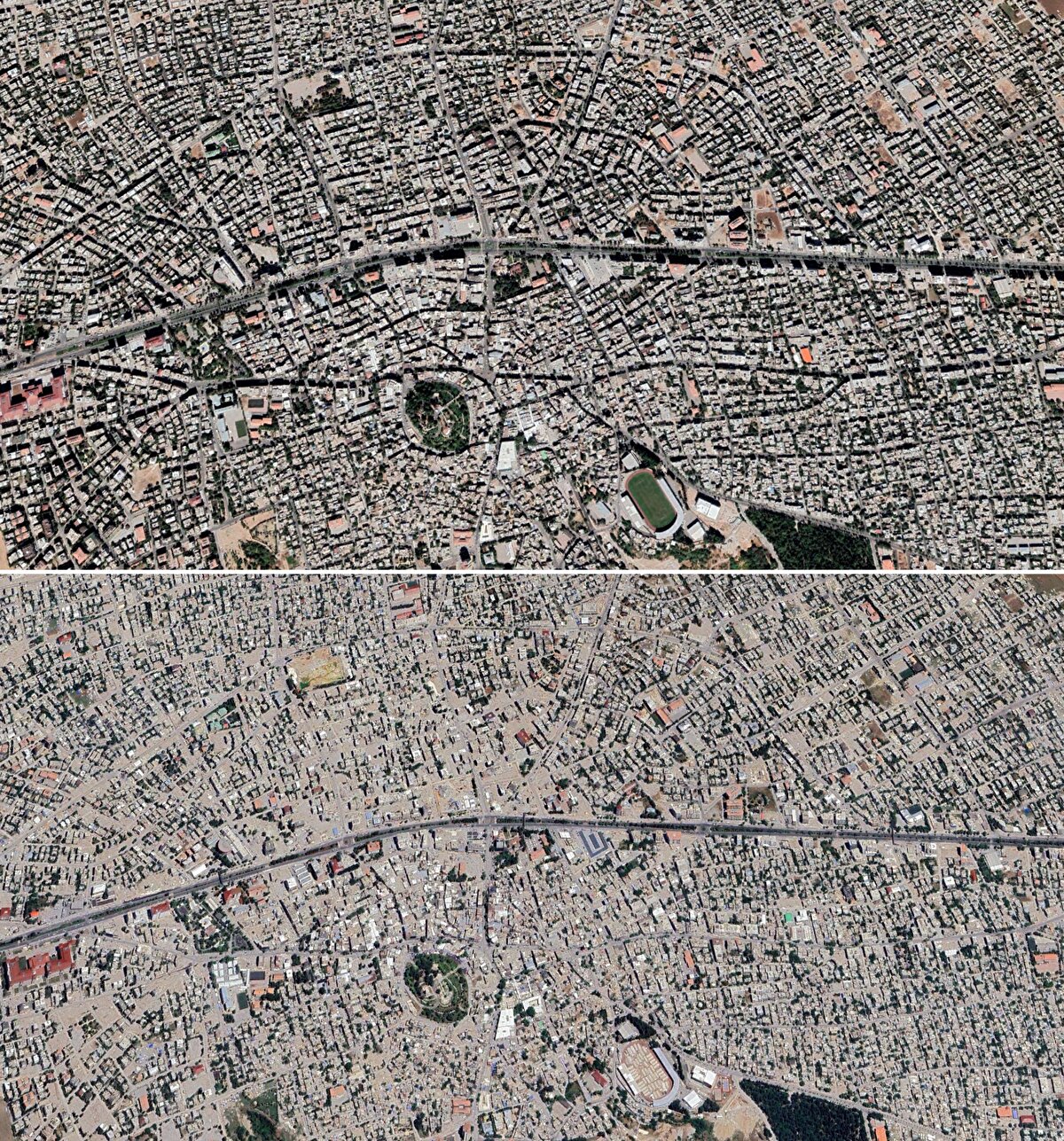 Depremin merkez üssü Kahramanmaraş'ta da manzara değişmedi. Depremde en çok yıkımın olduğu Şazibey Mahallesi'nin deprem öncesi ve sonrası uydu fotoğrafları, yıkımın boyutunu gözler önüne serdi. Mahallede 4 bin 500 kişiden fazla can kaybı yaşanırken, 21 bloktan oluşan ve tamamen yıkılarak en fazla can kaybının yaşandığı toplu konut olan Ebrar Sitesi de depremin simge yerlerinden oldu. Kahramanmaraş Stadyumu'nun da yıkılmış hali uydu fotoğraflarına yansıdı. Adıyaman'da merkez olarak kabul edilen saat kulesi ve çevresinin yıkılmış hali de görüntülendi. Bazı binaların ayakta kaldığı, bazılarının ise enkazının tamamen kaldırıldığı görüldü.<br><br>
