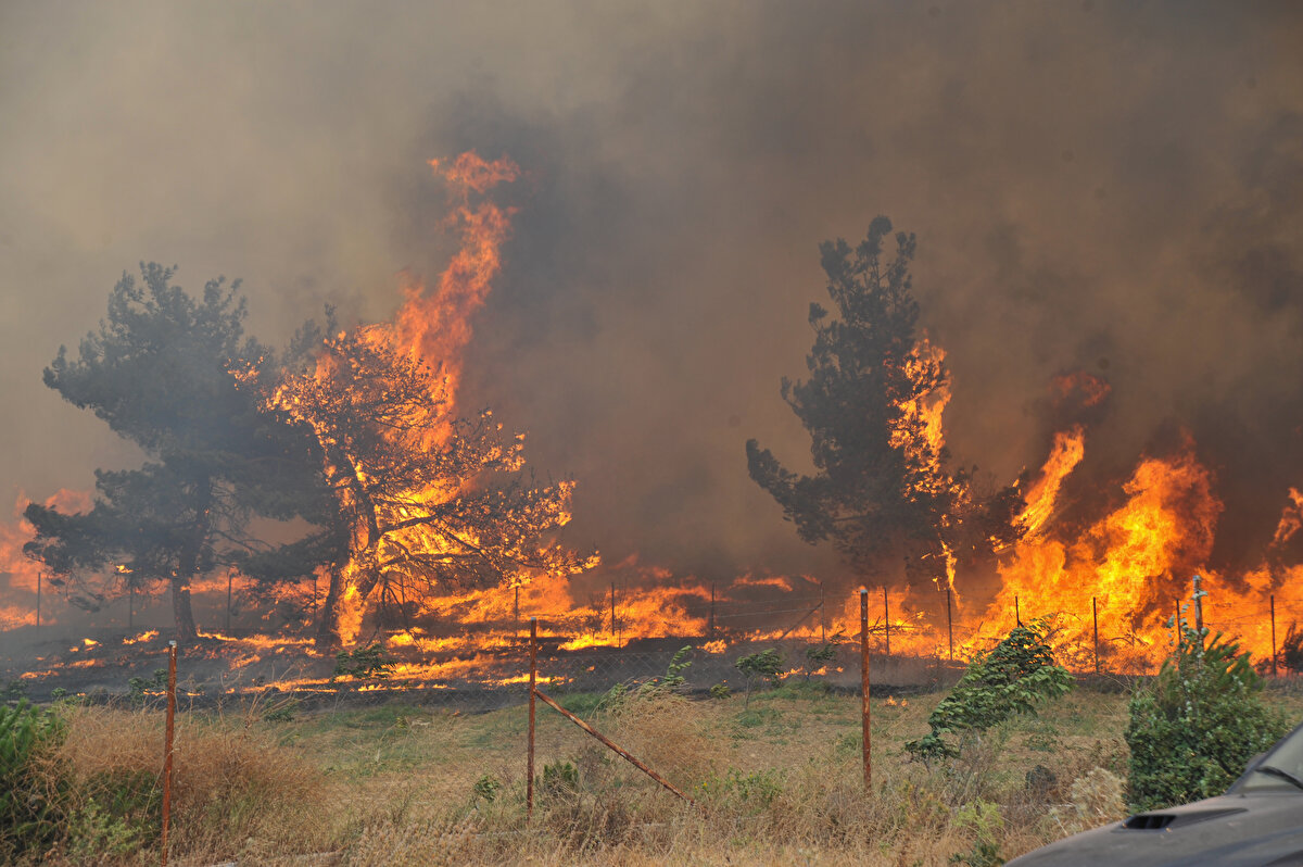 TEKİRDAĞ<br>Malkara ilçesinde dün saat 16.00 sıralarında başlayan yangın; yaklaşık 300 hektar alanda etkili oluyor. Yangının ilerlediği yöndeki Deveciköy ve Tetecik mahallelerinde bazı evler boşaltıldı.