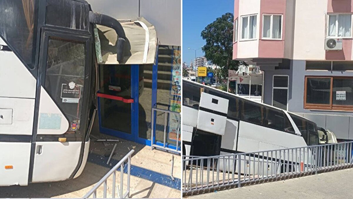 Eğim nedeniyle hızlanıp park halindeki 06 BAG 523 plakalı otomobile çarpan otobüs, yol kenarındaki merdivenlerden düşerek zincir marketin şubesine girdi