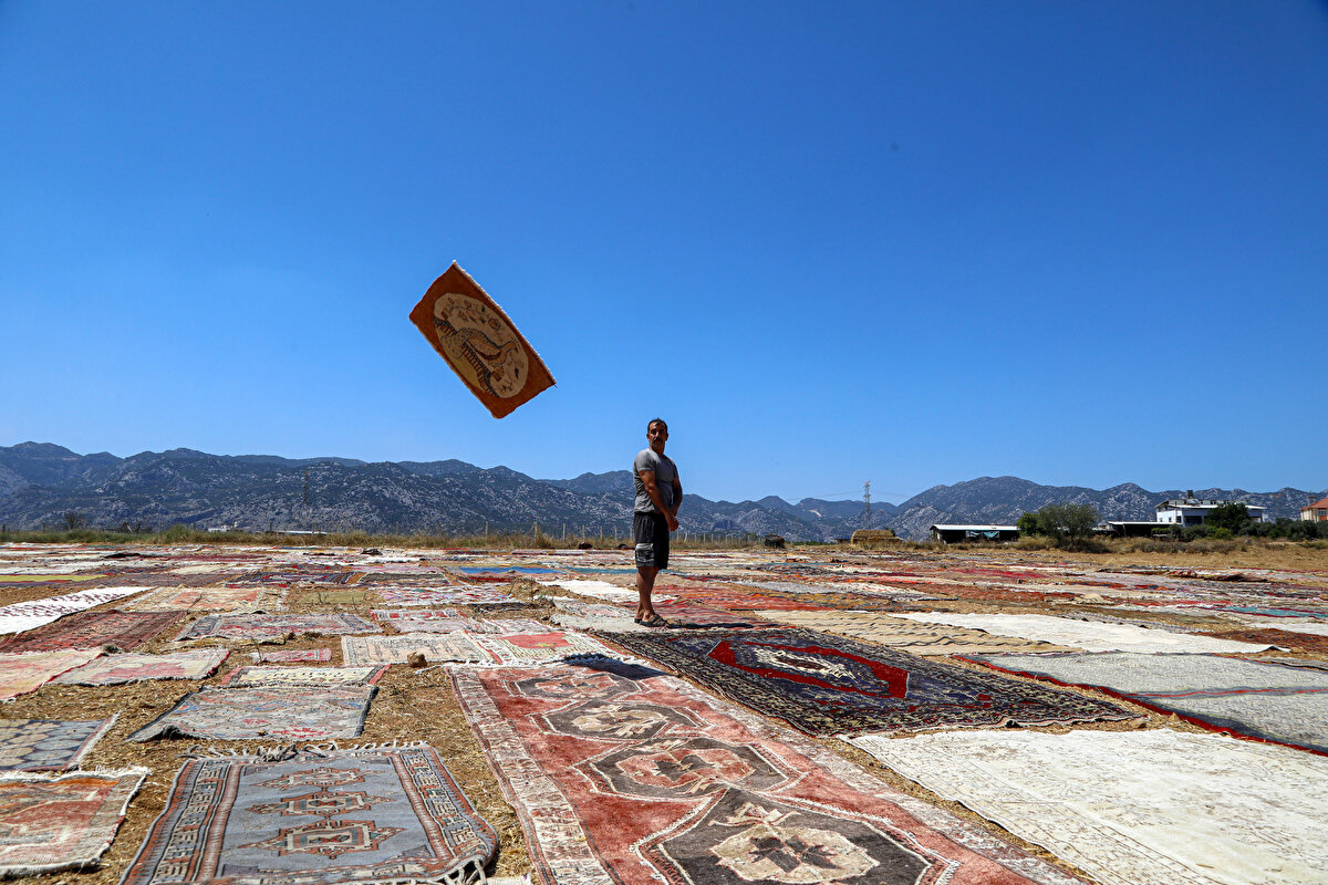 Turizm kenti Antalya'nın Döşemealtı ilçesinde kışın buğday ekilen tarlalar, yazın kavurucu sıcaklarda halı tarlasına dönüşüyor.