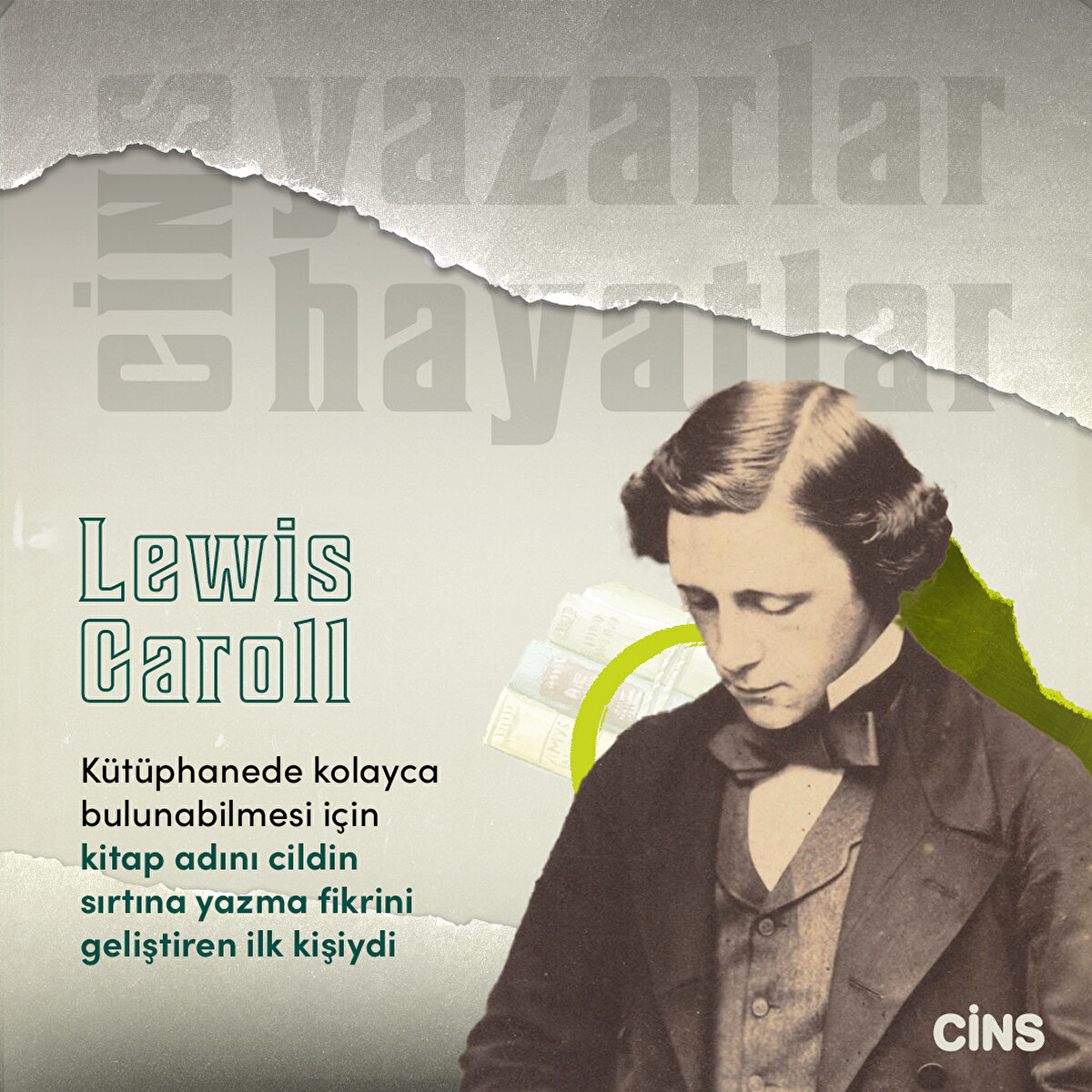 Lewis Caroll:K&#252;t&#252;phanede kolayca bulunabilmesi i&#231;in kitap adını cildin sırtına yazma fikrini geliştiren ilk kişiydi