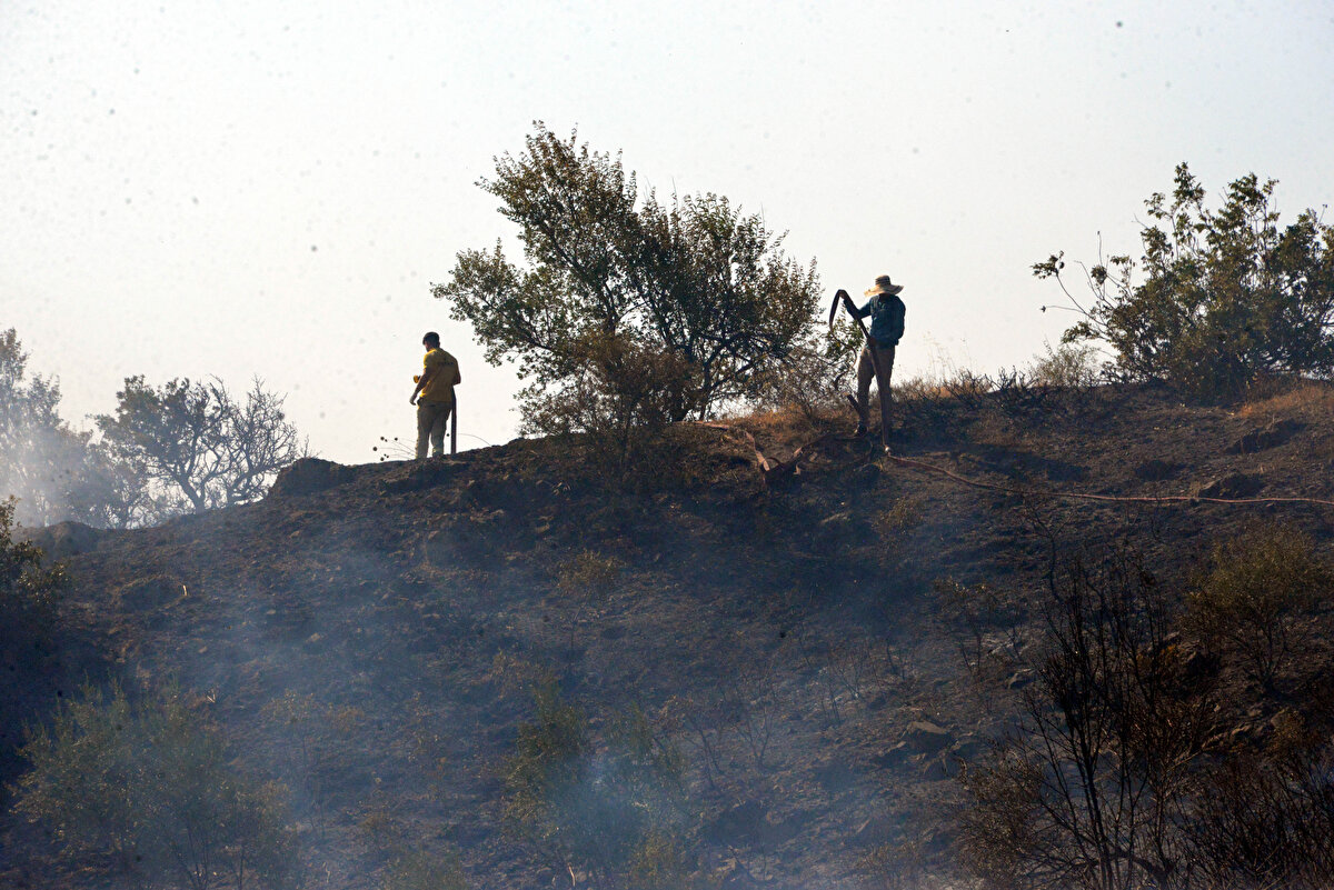 Yerleşim yerlerini de tehdit eden yangına ekipler 6 helikopter, 2 uçak, 20 arazöz ve 90 personelle müdahale ediyor.<br><br>
