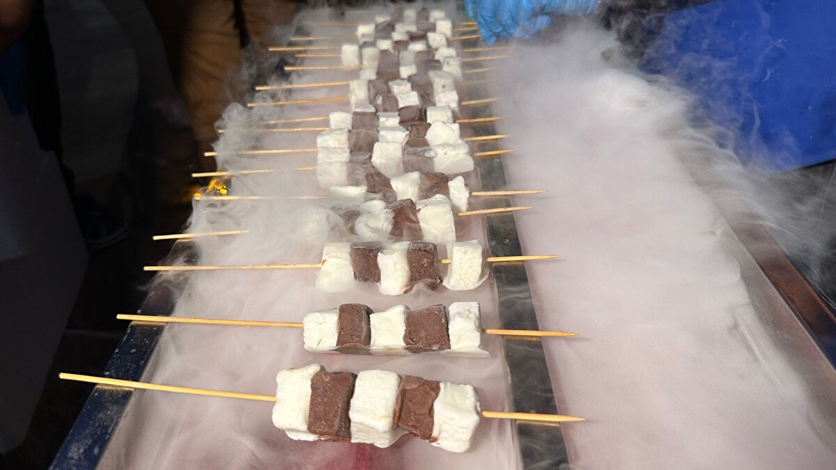 Mangal üzerinde Adana kebabı andıran 'dondurma kebap' vatandaşlara dağıtıldı. 