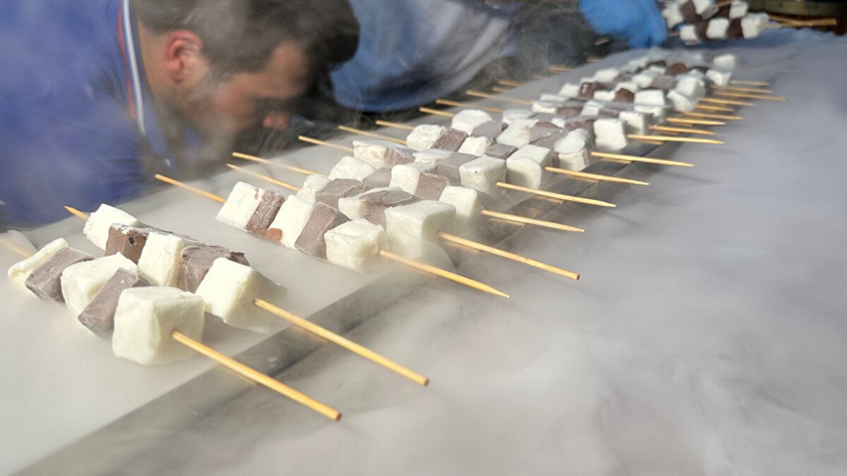 Etkinlikte dondurma, kuşbaşı et gibi doğranıp şişlere takılarak soğuk mangala dizildi. 