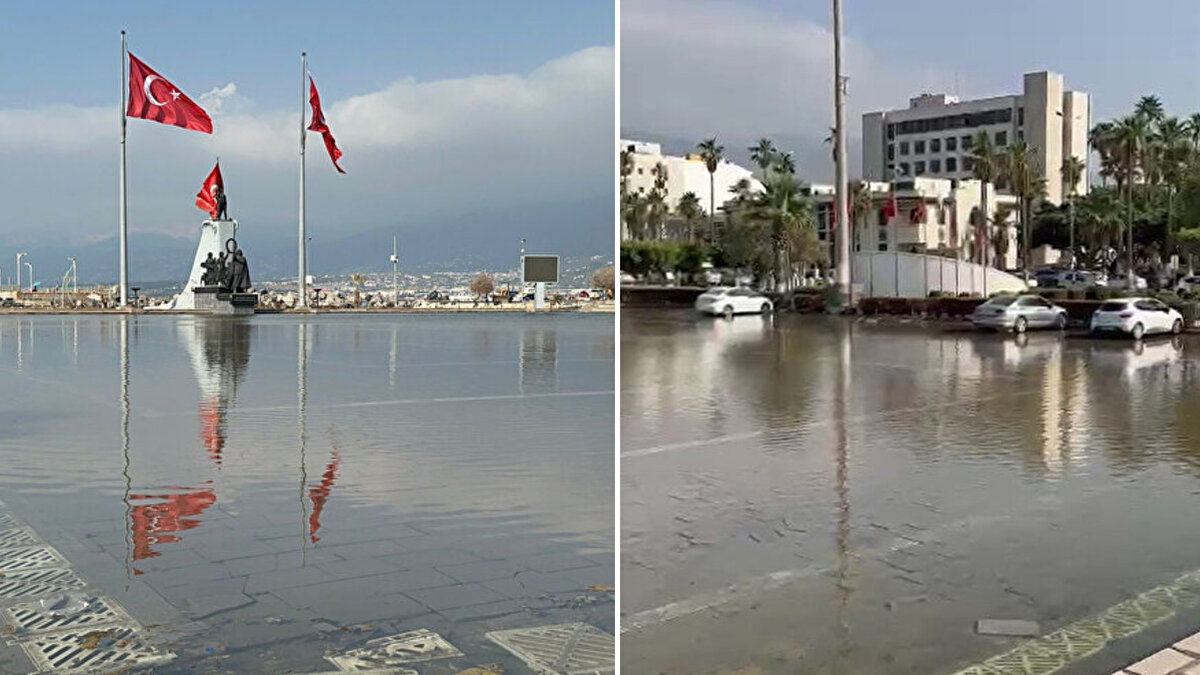 Hatay'ın İskenderun ilçesinde sahil kesimindeki caddeler, lodos nedeniyle deniz suyuyla doldu.<br>