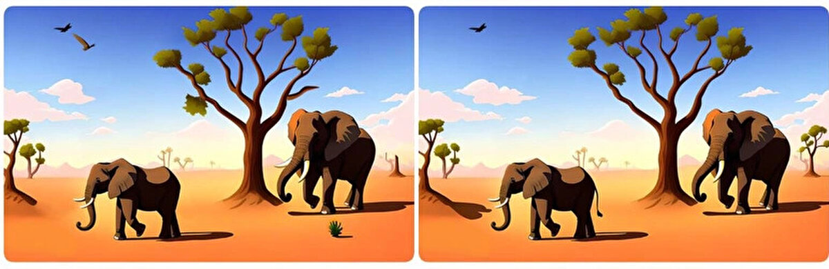 İşte kafanızı karıştıracak yeni bir testle karşınızdayız. Çölde ağaçla karşılaşan iki fili gösteren bu iki resim arasında 10 fark var. Bulmak için ise 17 saniyeniz var.<br><br>Yalnızca yüksek IQ'su olanlar iki resim arasındaki farkları 17 saniyede buluyor. <br><br>