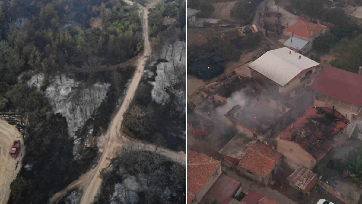 Çanakkale'de 20 saattir devam eden orman yangını nedeniyle 9 köy boşaltıldı, yüzlerce insan tahliye edildi. Ekiplerin alevlerle mücadelesi sürerken hasarın boyutu ise gün ağarınca ortaya çıktı. Yanan alanlar havadan görüntülendi.<br><br>