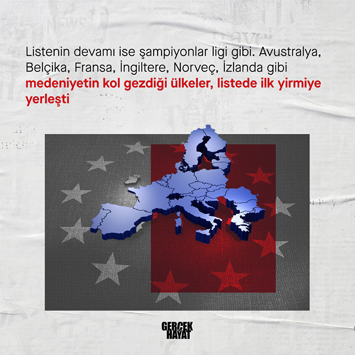 Avustralya, Belçika, Fransa, İngiltere, Norveç, İzlanda gibi medeniyetin kol gezdiği ülkeler, listede ilk yirmiye yerleşti