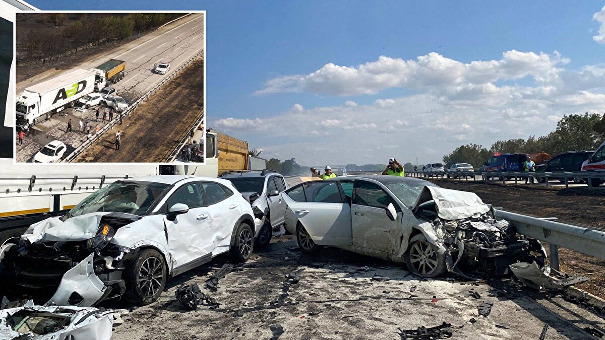 Tarlada yakılan anız ateşinden çıkan duman görüş mesafesini düşürünce, saat 14.30 sıralarında TEM Otoyolu'nun Edirne'nin Köseömer mevkisinde kaza meydana geldi.<br><br>