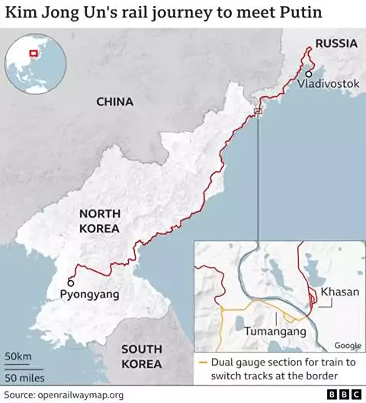 TEKERLER DEĞİŞTİRİLDİ<br><br><br>Milliyet'te yer alan bilgilere göre; Kuzey Kore lideri Kim Jong-un'un ünlü yeşil treni bu sabah itibarıyla Rusya sınırından içeri girdi. Sınırın Kuzey Kore tarafındaki Tumangang istasyonunda duran trenin tekerlekleri değiştirildi. BBC, 70 dakika kadar süren işlemin Rusya'daki rayların daha geniş olması nedeniyle gerçekleştiğini bildirdi.<br><br>ROTA 1250 KİLOMETRE<br>Zırhlı tren yeni tekerlekleriyle hareket edip Rusya tarafındaki Khasan kentine kısa sürede ulaştı. Burada Kuzey Kore'den gelen mühim konuklar için bir karşılama töreni düzenlendi. Bir saatlik molanın ardından bir kez daha yola koyulan trenin son durağı, Pasifik Okyanusu kıyısındaki Vladivostok şehri olacak.<br><br>Yaklaşık 1250 kilometrelik bir rotayı saatte 50 kilometrelik hızla kat edecek trenin, molalarla birlikte neredeyse bir günlük bir yolculuk yapması bekleniyor.<br><br>YILLARCA UNUTULDU<br>Yeşil tren, aslında Kim'in babası Kim Jong-il'in resmi ulaşım aracıydı. Kuzey Kore'nin bir önceki liderinin uçak korkusu vardı ve yurt dışı ziyaretlerini trenle gerçekleştiriyordu.<br><br>Yıllarca unutulan tren, Kuzey Kore liderinin 2019'da yaptığı seyahatlerle bir kez daha dünya gündemine girdi. ABD lideri Donald Trump, Çin lideri Xi Jinping ve Rusya lideri Vladimir Putin'le görüşen Kim Jong-un, zırhlı yeşil trenle arz-ı endam etti.