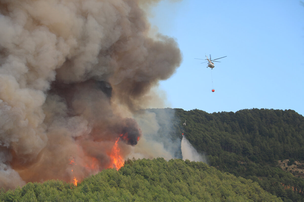 Yangın Dim Barajı'nın arka tarafına doğru ilerlerken, bölgeye çok sayıda kara ekibinin yanı sıra yangın söndürme helikopterleri de yönlendirildi.<br><br>