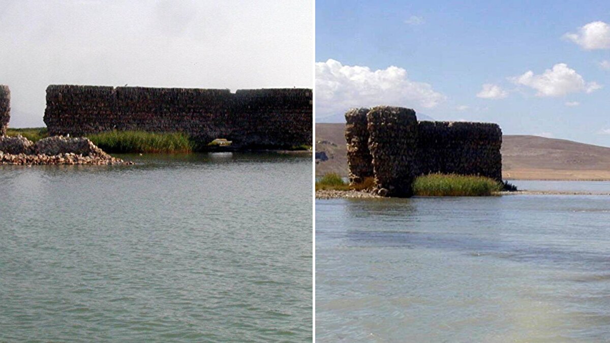 Van'ın Erciş ilçesine bağlı Çelebibağ Mahallesi'nde, bölgede yaşanan kuraklıkla Van Gölü'nde 6 kilometreyi geçen çekilme meydana gelmesiyle su altında kalan tarihi Erciş Kalesi'ni gün yüzüne çıktı.