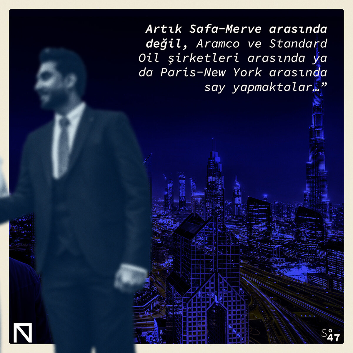 Öncelikle yıllardır Filistinli mültecilerin bir çevgan topu gibi oradan oraya
fırlatılmasını kınayarak Arap liderlerini şöyle eleştirmektedir:
“Onların Kâbe’si, artık petrol kulelerinin, cami minarelerinden yüksek
olduğu Riyad’a ve Zahran’a taşınmış
durumda. Artık Safa-Merve arasında
değil, Aramco ve Standard Oil şirketleri arasında ya da Paris-New York
arasında say yapmaktalar…”
Yazar ayrıca Arapların kendilerini
“mübarek ırk” gibi görmelerini de oldukça ironik dille eleştirmektedir