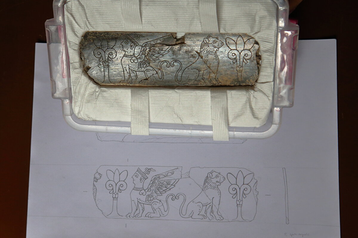 Yaklaşık 30 santimetre uzunluğunda, 10 santimetre genişliğindeki fil dişi parçada, parlak zemin üzerine çizilen bir sfenks (insan başlı, hayvan vücutlu heykel), bir aslan ile iki yaşam ağacı figürü bulunuyor.<br><br>Üzerindeki tabaka nedeniyle figürleri uygun ışık koşullarında görülebilen parçayla ilgili bilimsel çalışmalar devam ediyor.