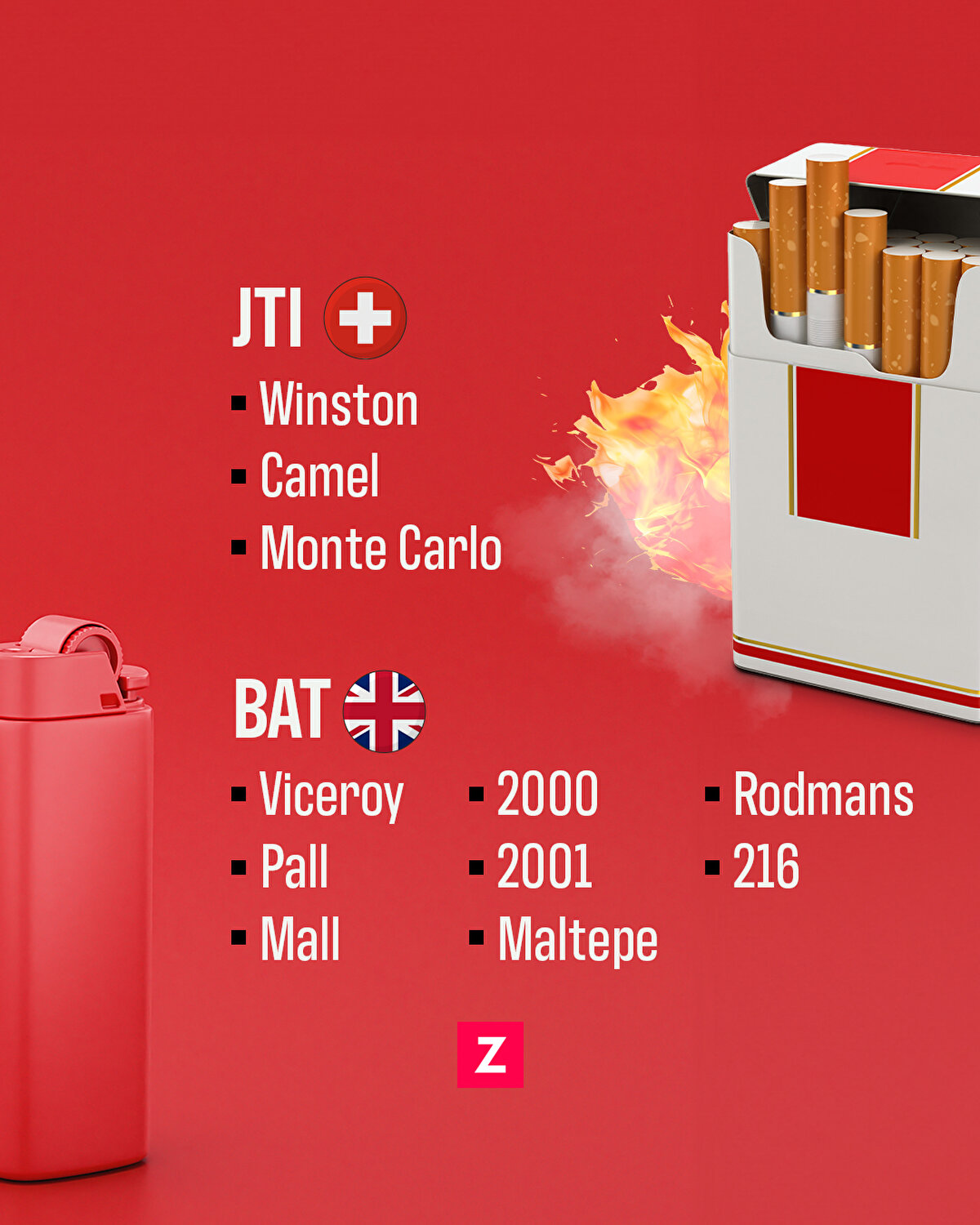 JTI: Winston, Camel ve Monte Carlo. BAT: Viceroy, Pall Mall, Kent, 2000, 2001, Maltepe, Rodmans, 216 