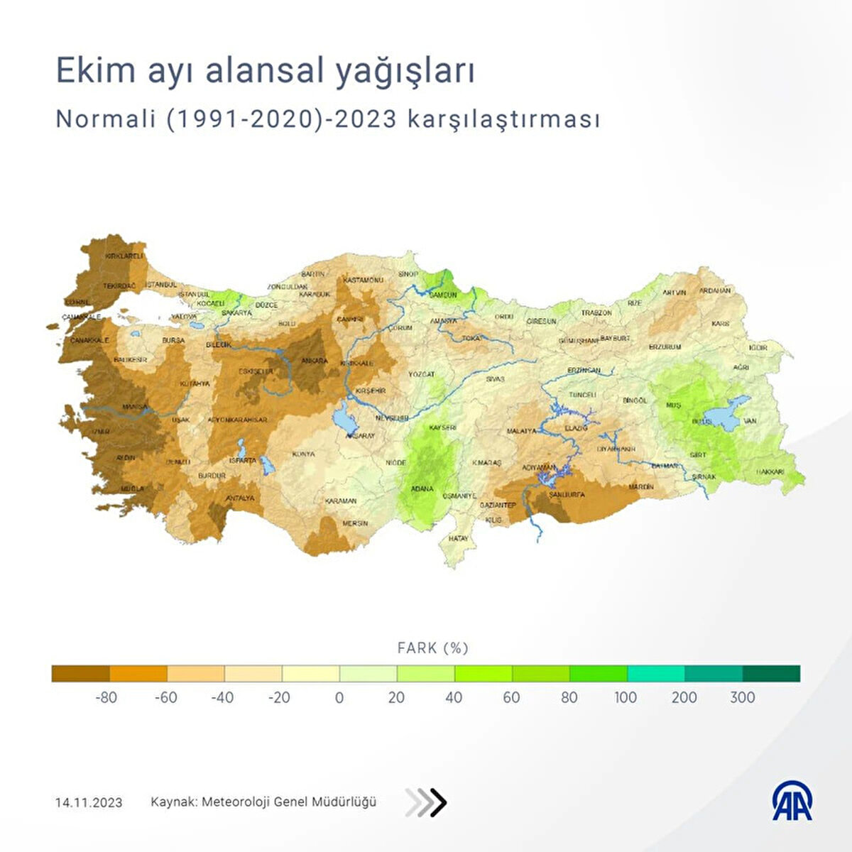 Türkiye geneli ekim ayı yağışları son 5 yıldır normallerinin altında seyrediyor. En fazla azalma ise yüzde 75 ile Ege Bölgesi’nde izlendi. İl geneli yağışlarda en az yağış alan il ise 5.0 mm ile İzmir olduğu bildirildi.