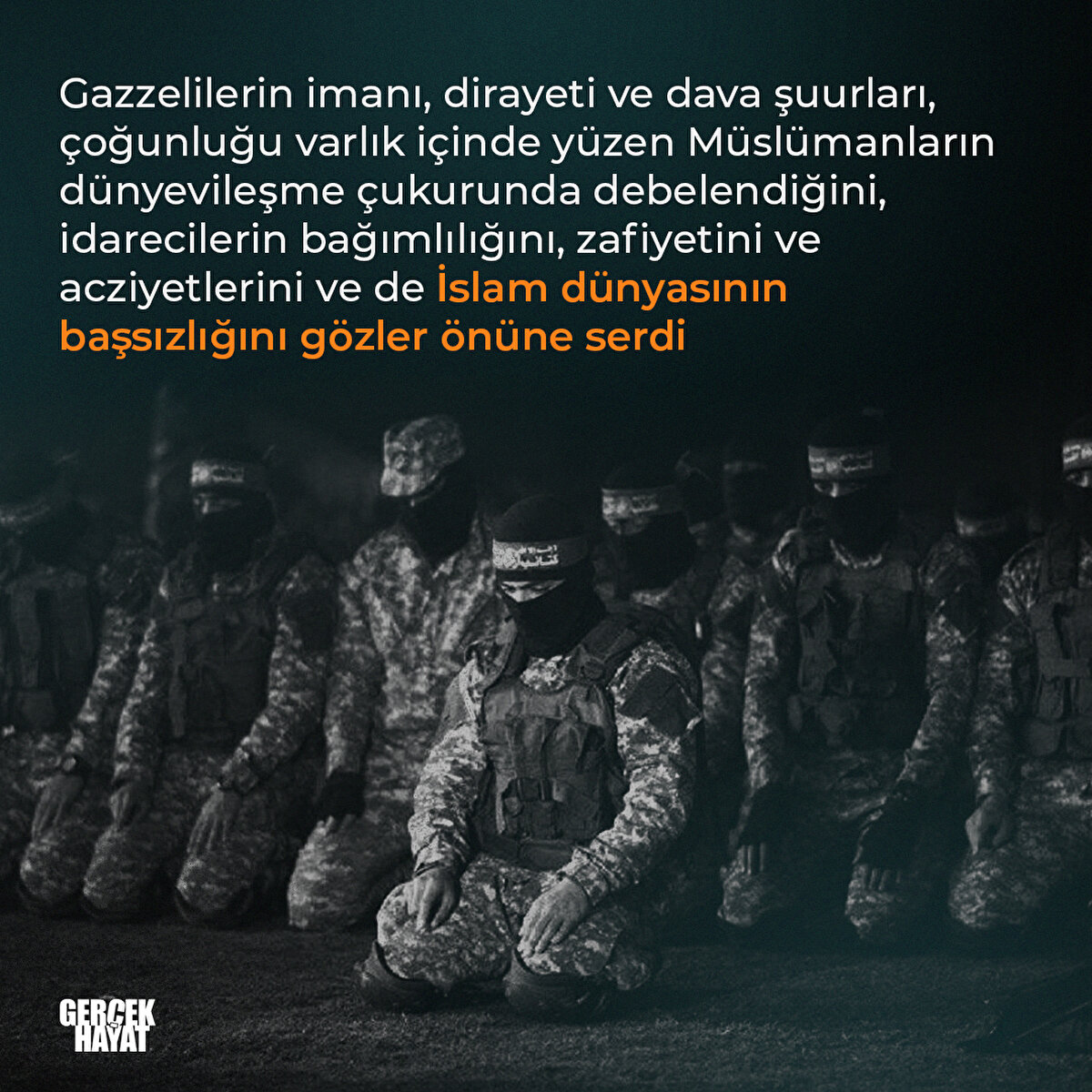 Gazzelilerin imanı, dirayeti ve dava şuurları, çoğunluğu varlık içinde yüzen Müslümanların dünyevileşme çukurunda debelendiğini, idarecilerin bağımlılığını, zafiyetini ve acziyetlerini ve de İslam dünyasının başsızlığını gözler önüne serdi