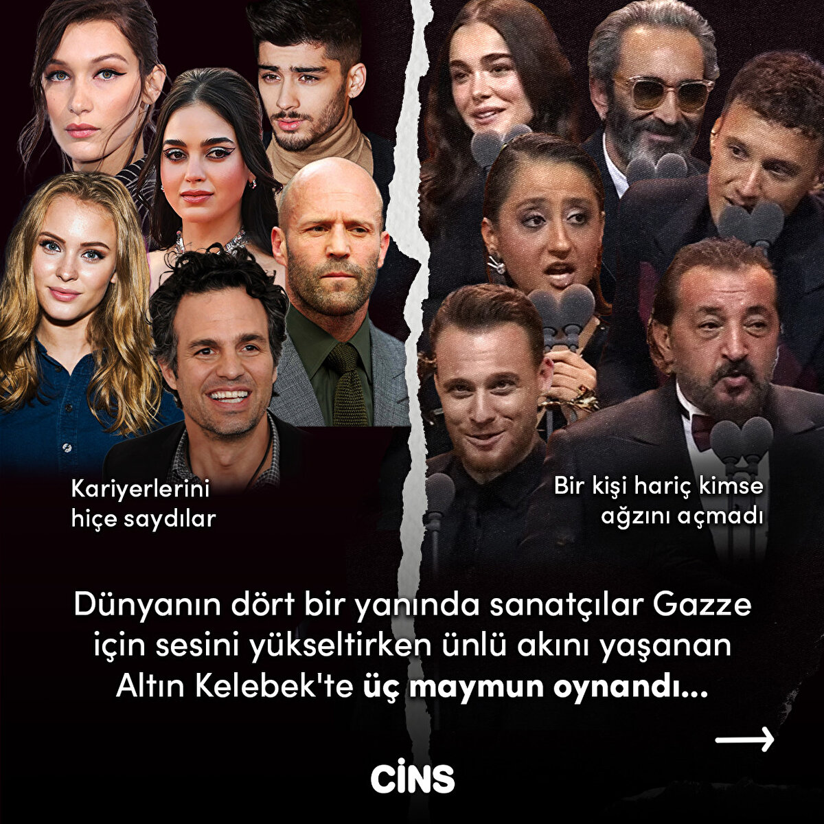 Dünyanın dört bir yanında sanatçılar Gazze için sesini yükseltirken ünlü akını yaşanan Altın Kelebek'te üç maymun oynandı...
