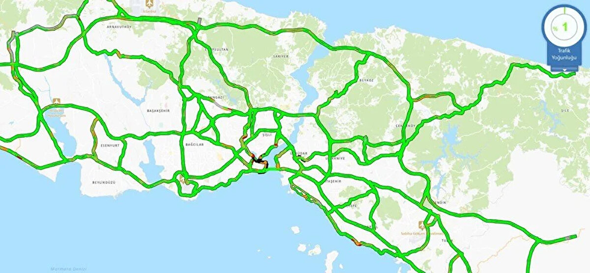 İstanbul Büyükşehir Belediyesi trafik verilerine göre saat 09.15 itibarıyla trafik yoğunluk seviyesi yüzde 1 olarak ölçüldü.